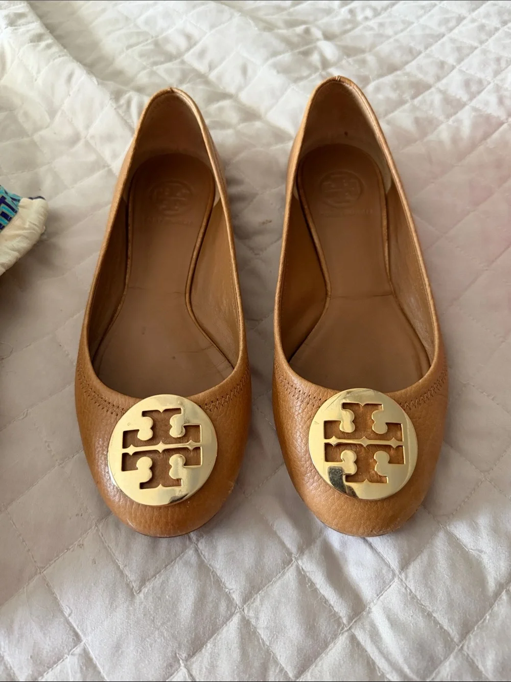 Tory Burch Caramel Leather Logo Ballet Flats with Gold Medallions